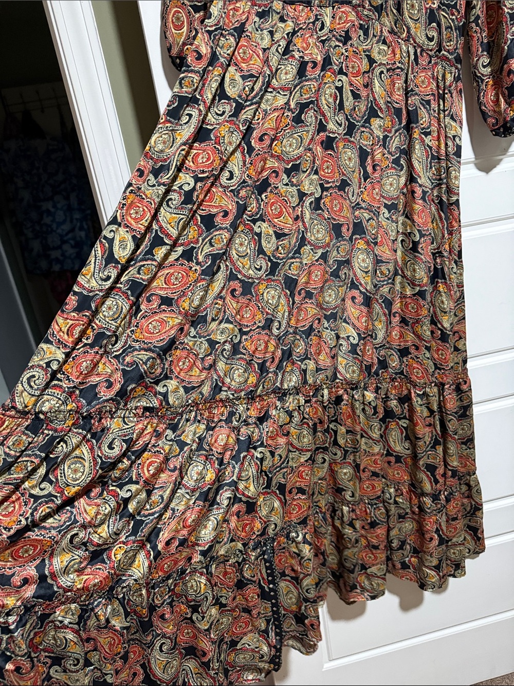 Anthropologie Boho Earthy Whimsical Maxi Dress Artisan Paisley Gold Ruffle L - Picture 7 of 9